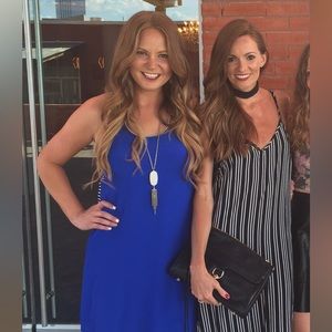 Cobalt blue dress with black/white stripe racer back high low hem size S